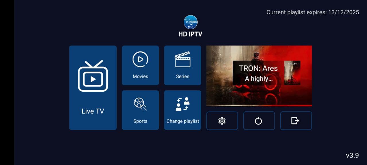 Xtreme HD IPTV app interface showing Live TV, Movies, Series and Sports tiles